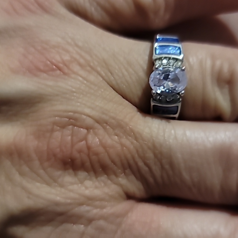 Blue Opal Oval Cz Cubic Zarconia Ring Silver Tone Rhinestone Band Size 6